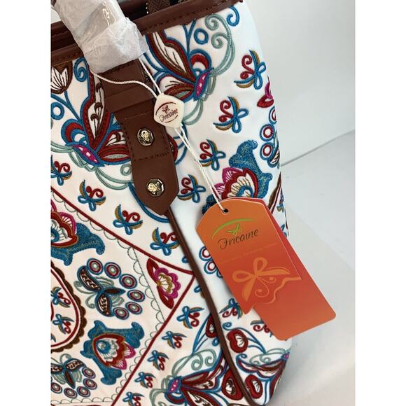 NEW Fricaine Brown Embroidered Tote Floral Leather Purse Handbag - Picture 6 of 11